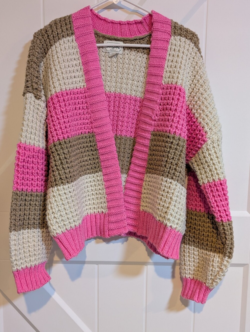Striped Bubble Knit Pink Cream Brown Open Cardigan Sweater